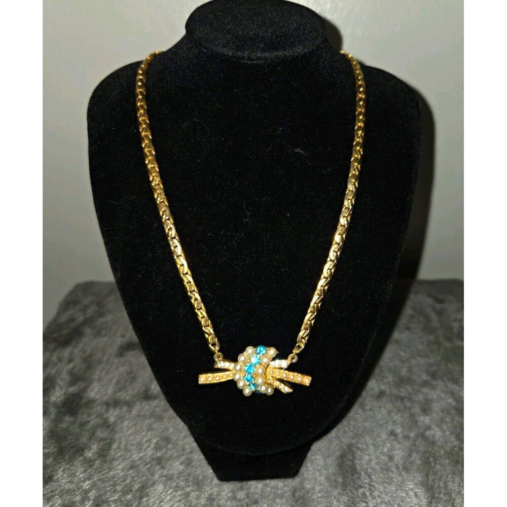 Vintage Style Aqua Blue Rhinestone Faux Pearl Ribbon Necklace Gold Tone Unsigned